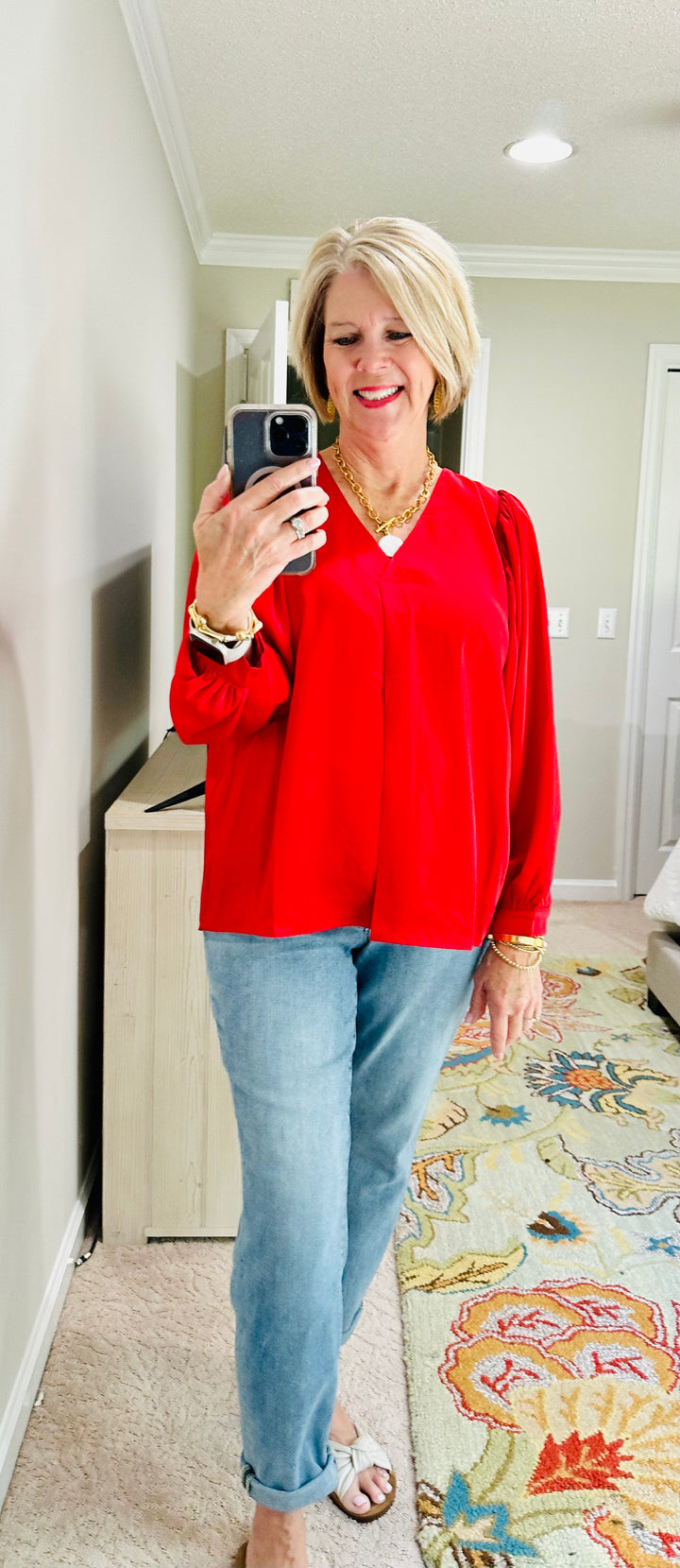 Red V-Neck Satin Top