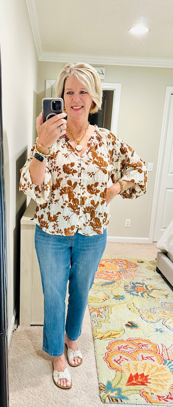 Brown Floral Crinkle Blouse