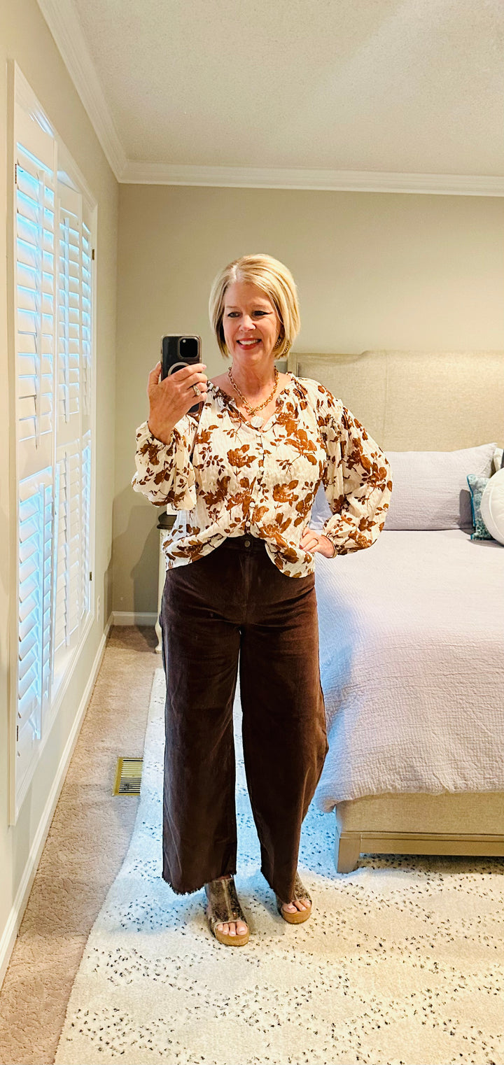 Brown Floral Crinkle Blouse