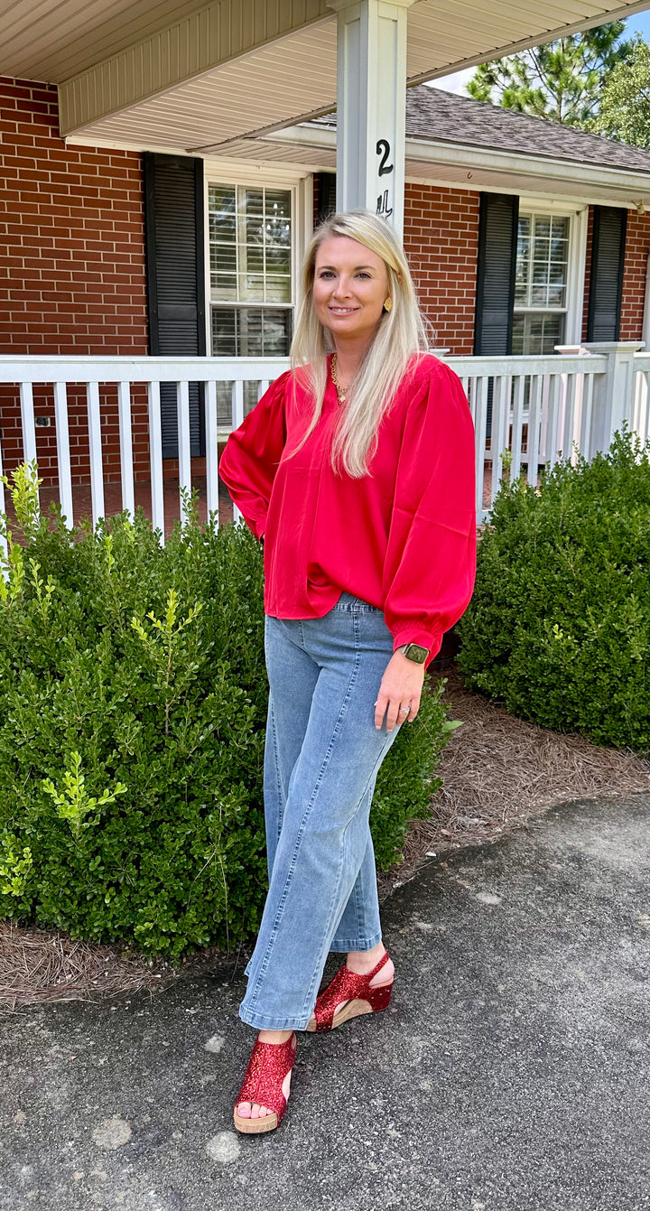 Red V-Neck Satin Top