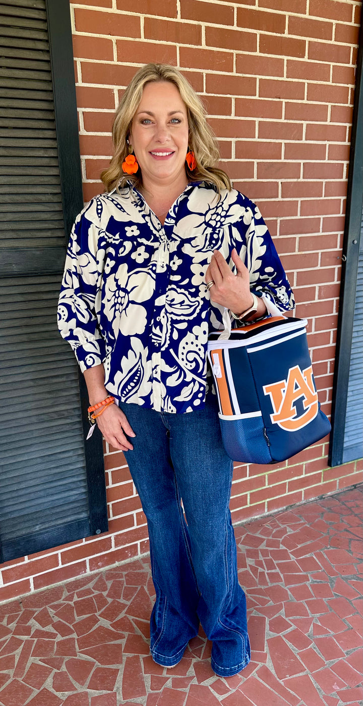 Navy and Cream Button Down Top