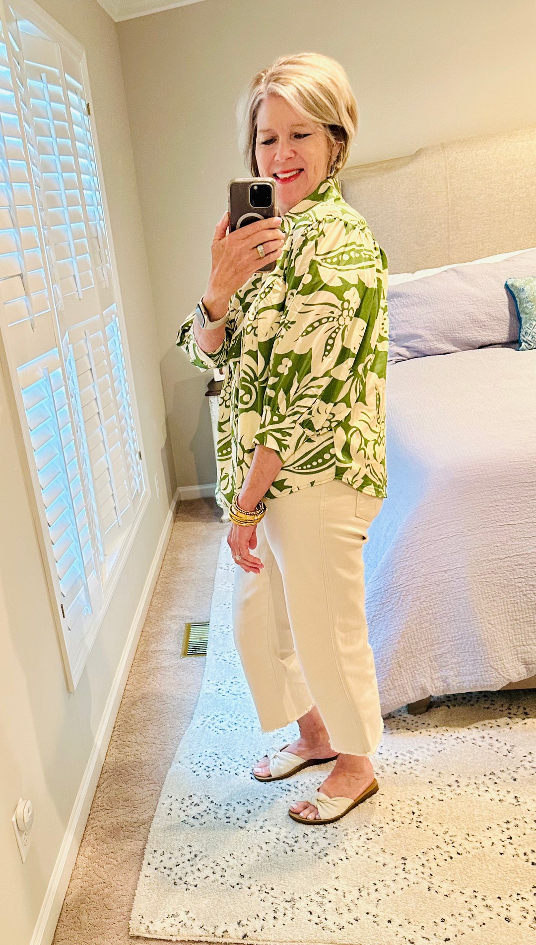 Green and Cream Button Down Top