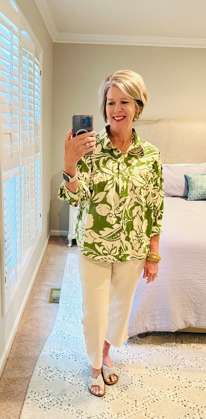 Green and Cream Button Down Top