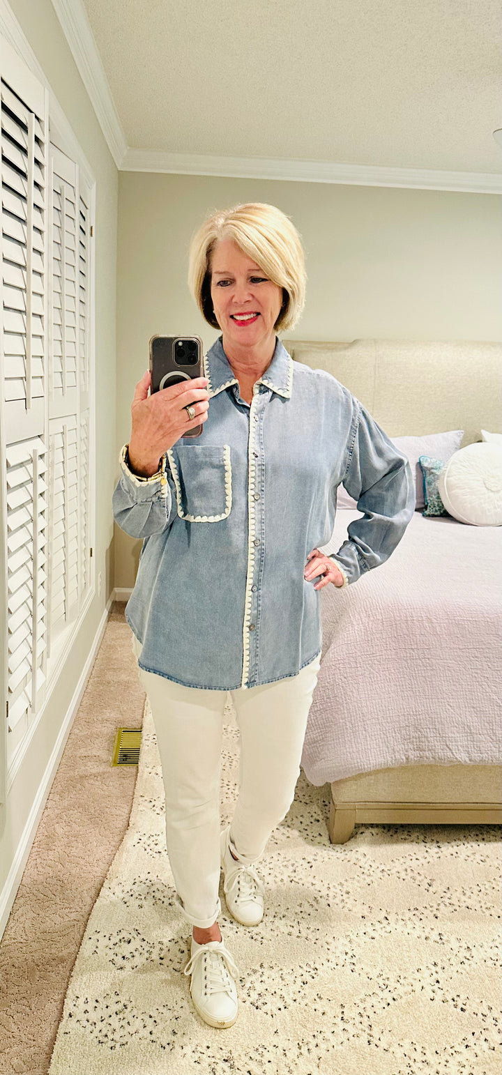 Chambray Button Top with Stitched Detail