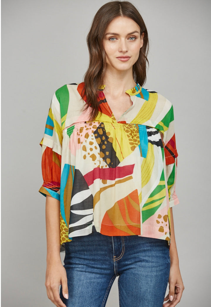 The Sienna – Abstract Print Split Neck Blouse