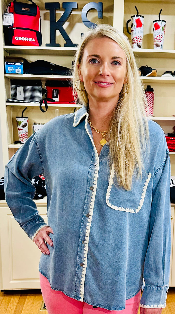 Chambray Button Top with Stitched Detail