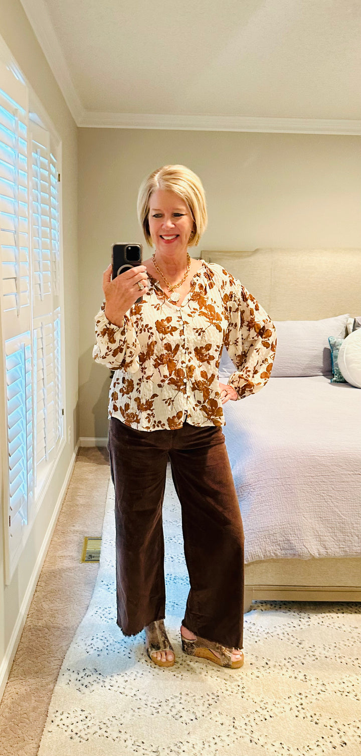 Brown Floral Crinkle Blouse