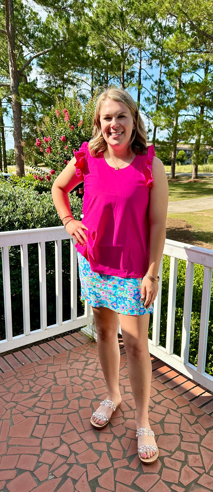 Ruffle Cap Sleeve Swing Top- Hot Pink