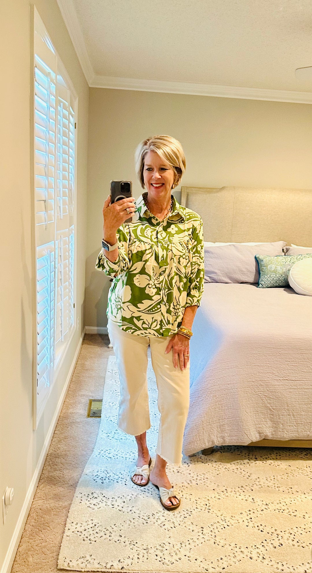 Green and Cream Button Down Top