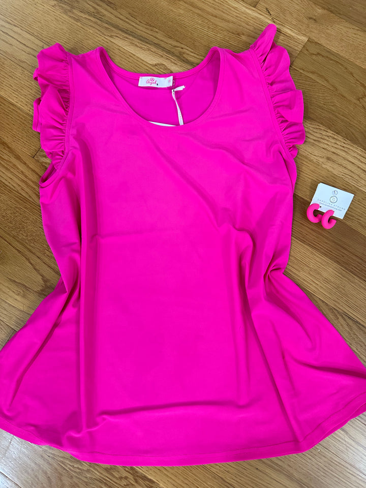 Ruffle Cap Sleeve Swing Top- Hot Pink