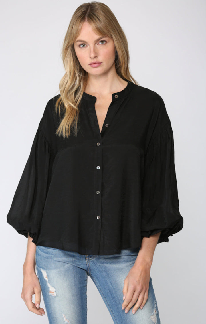 The Harper – Satin Button Front Blouse - Black