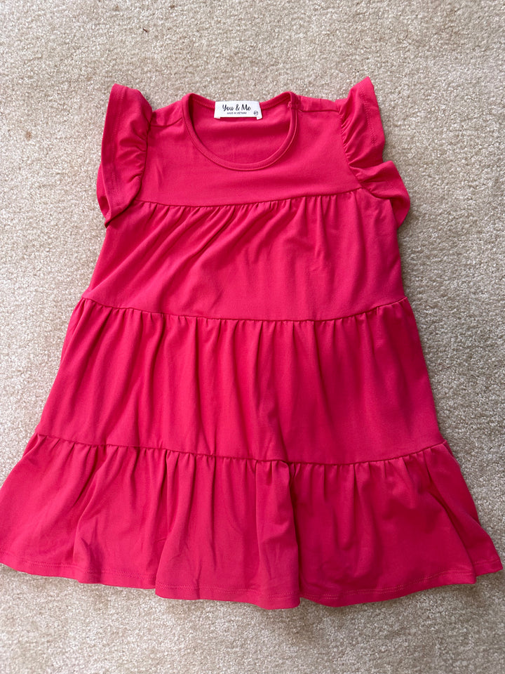 Kids Ruffle short cap sleeve tiered dress- pink