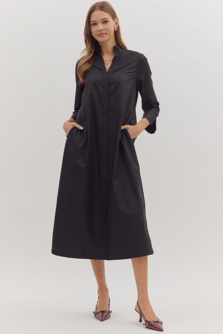 Classic Black Button Midi Dress