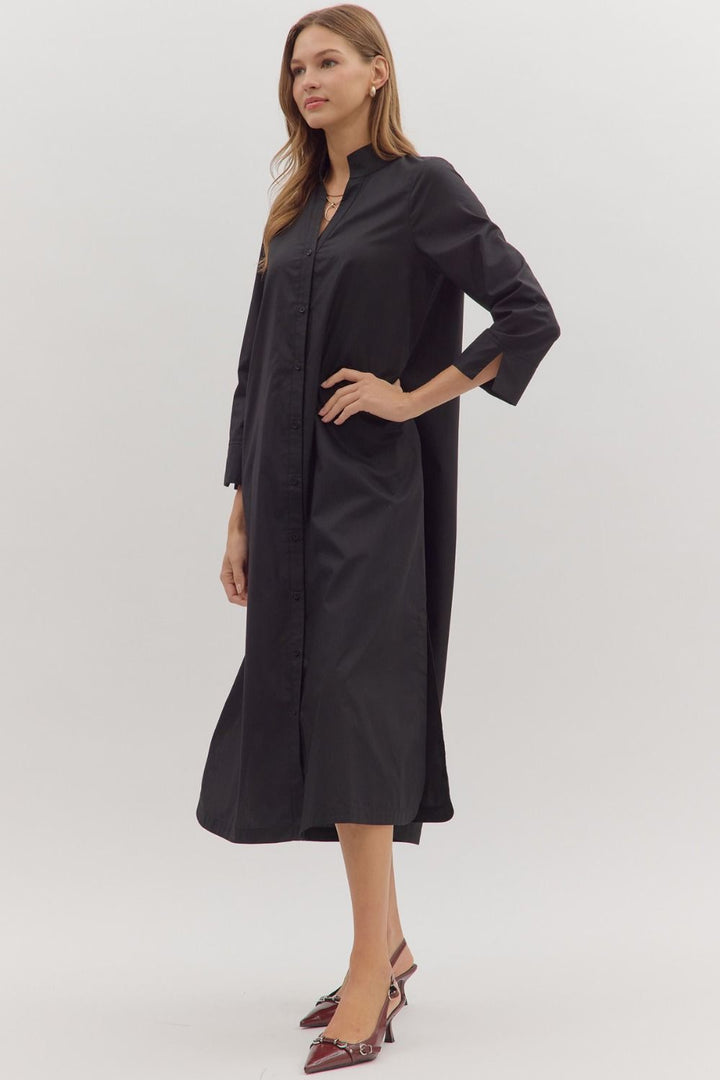 Classic Black Button Midi Dress