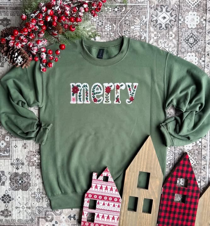 “Merry” Embroidered Holiday Sweatshirt - Military Green