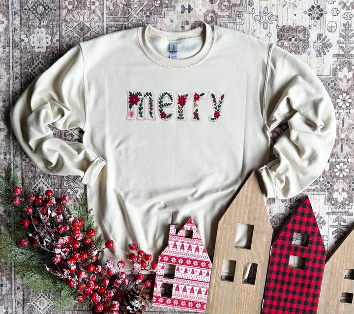 “Merry” Embroidered Holiday Sweatshirt - Military Green