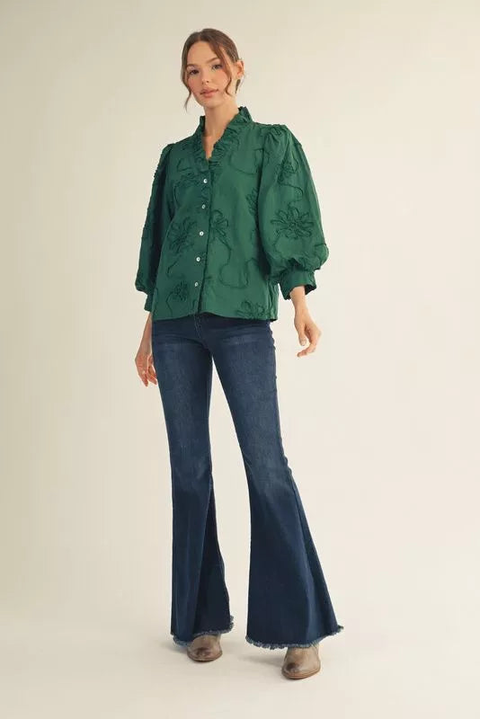 Petal Whisper Blouse- Hunter Green