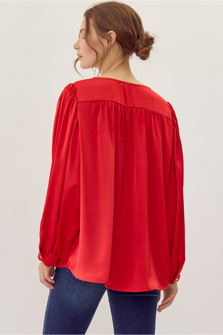 Red V-Neck Satin Top