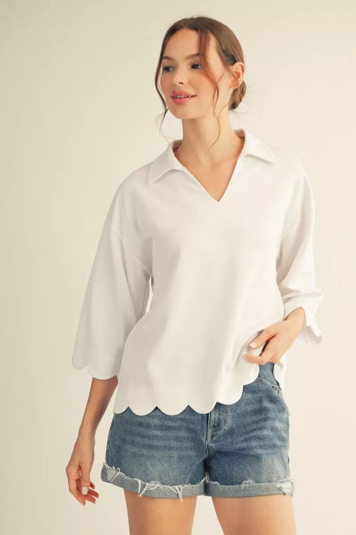 Sweetly Scalloped V-Neck Top- Off White