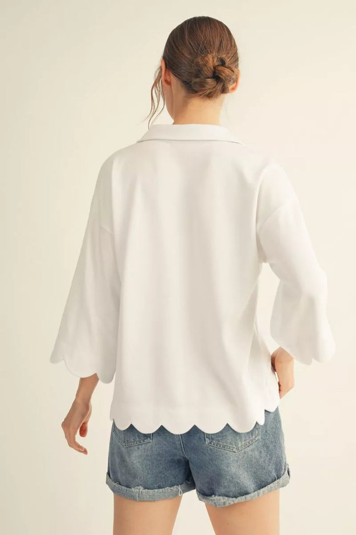 Sweetly Scalloped V-Neck Top- Off White