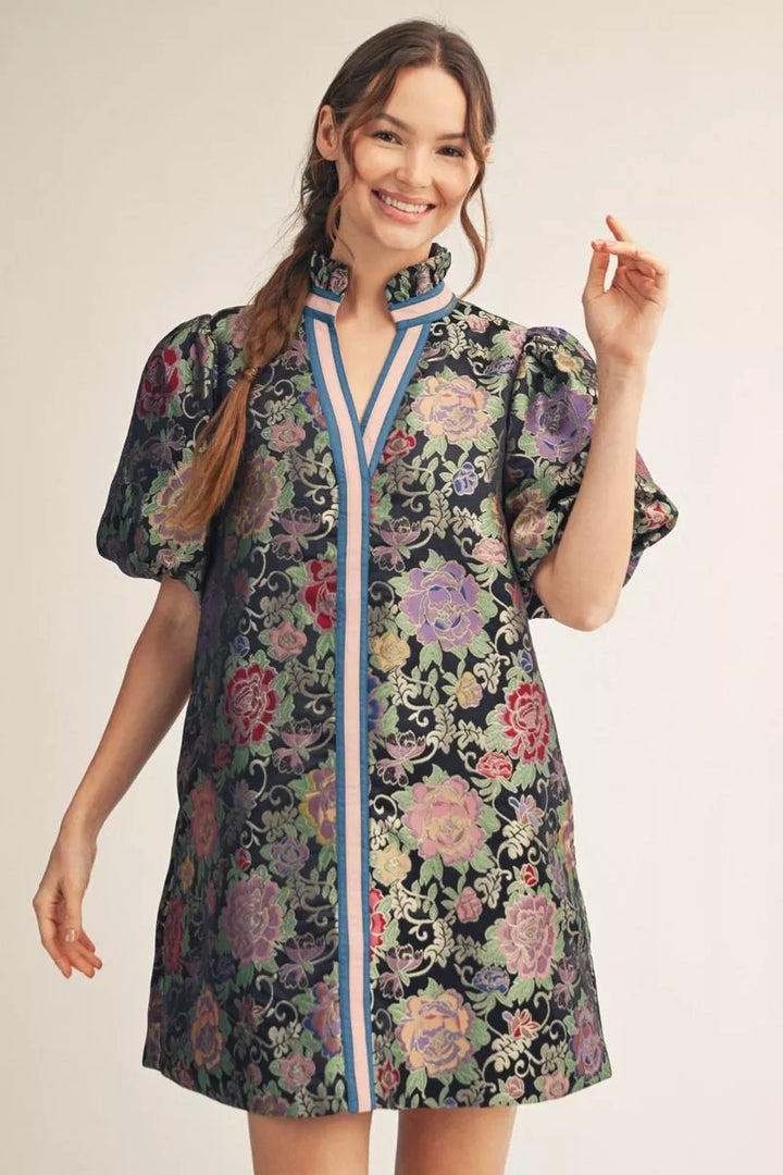 🌙 Midnight Garden Jacquard Dress