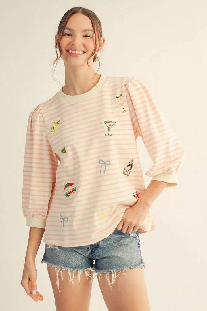 🍸 Cocktail Hour Embroidered Stripe Top