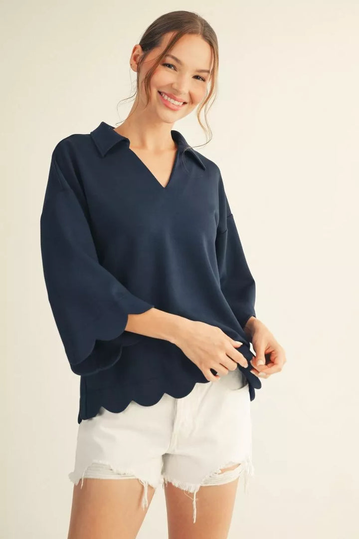 Sweetly Scalloped V-Neck Top- Navy
