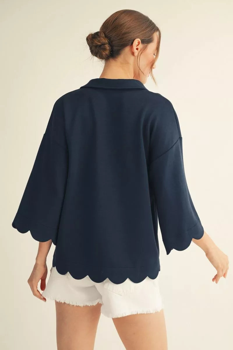 Sweetly Scalloped V-Neck Top- Navy