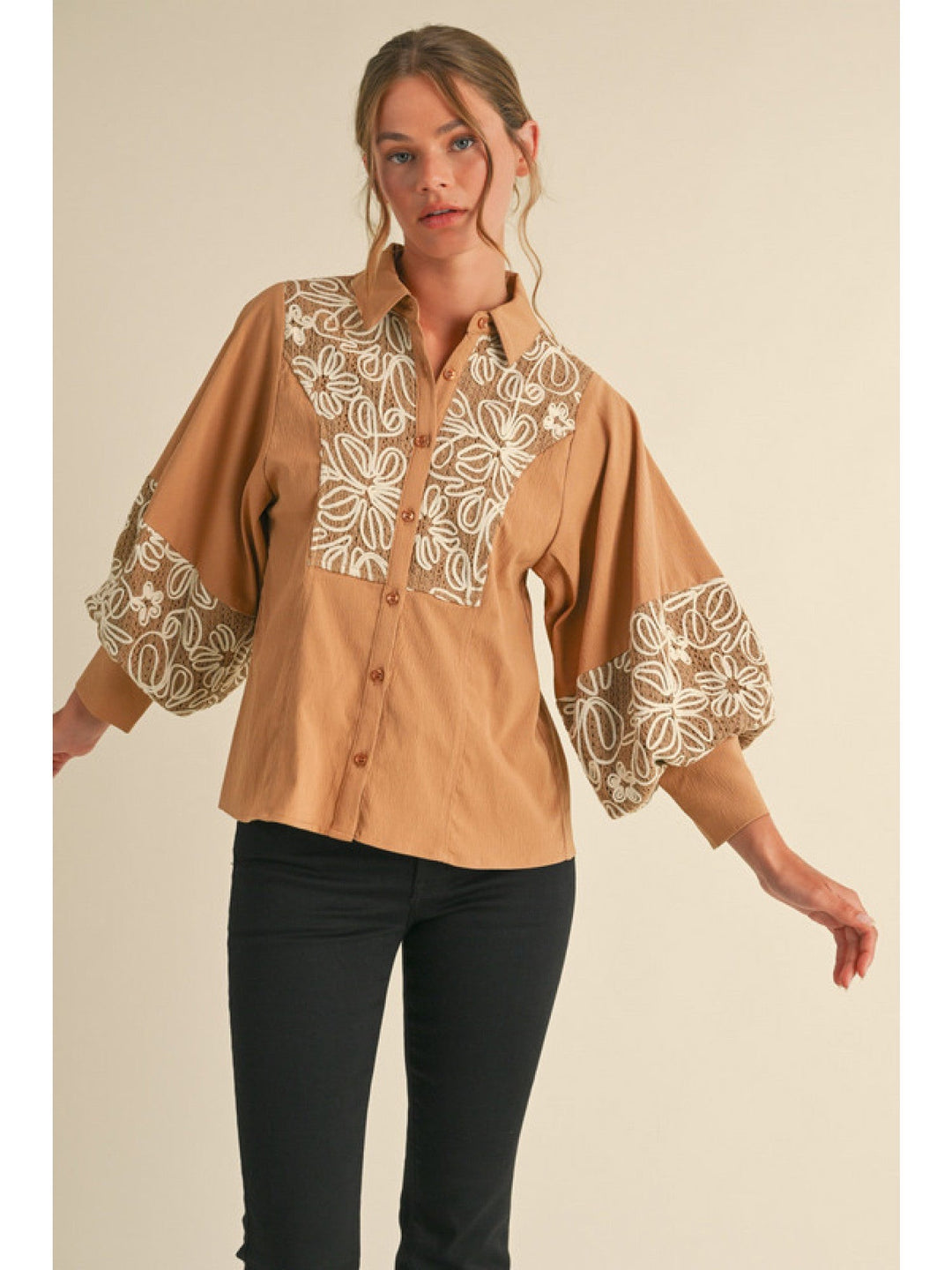 Taupe Collard Top with Embroidered Print