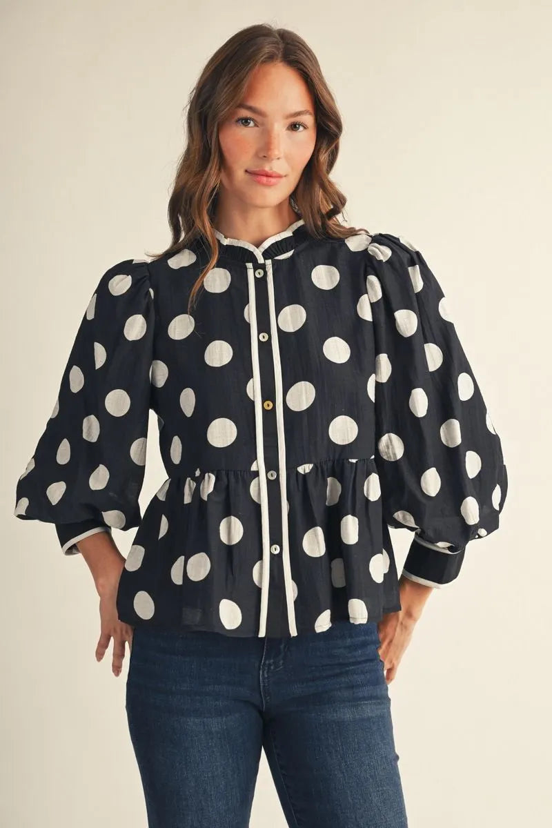 Polka Dot Peplum Blouse – Black & White