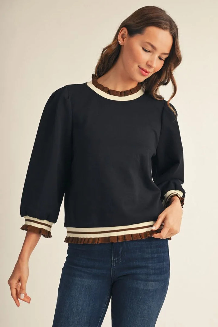 Cocoa Trim Ruffle Top