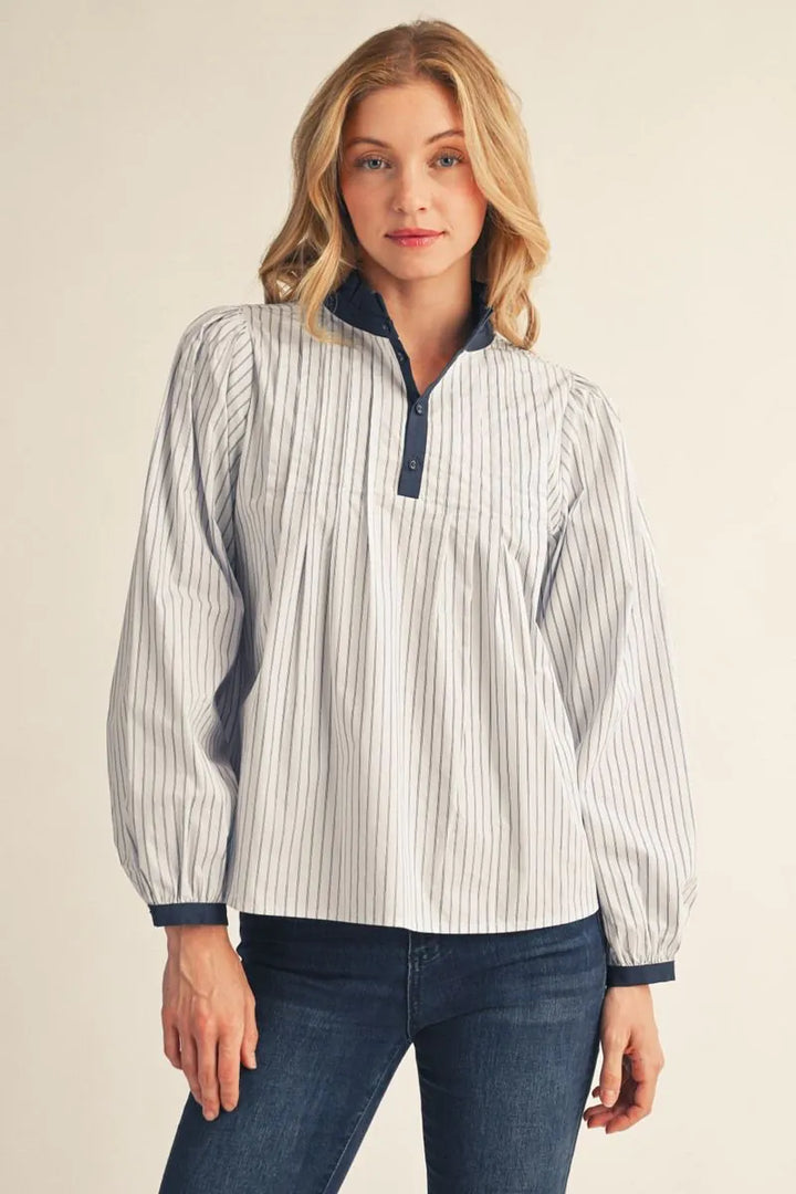 Navy Pinstripe Charm Blouse