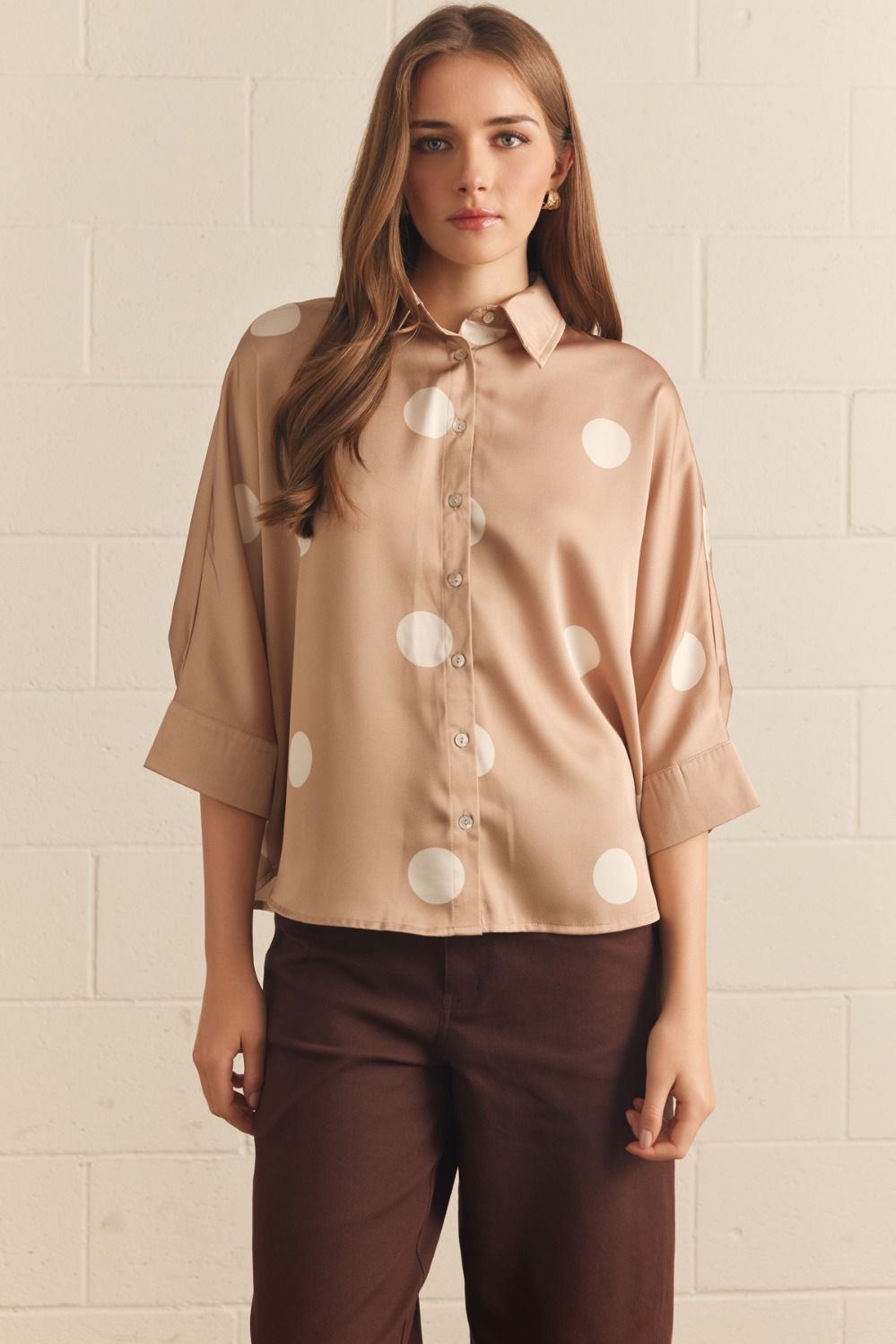 Cream Dot Button- Down Top
