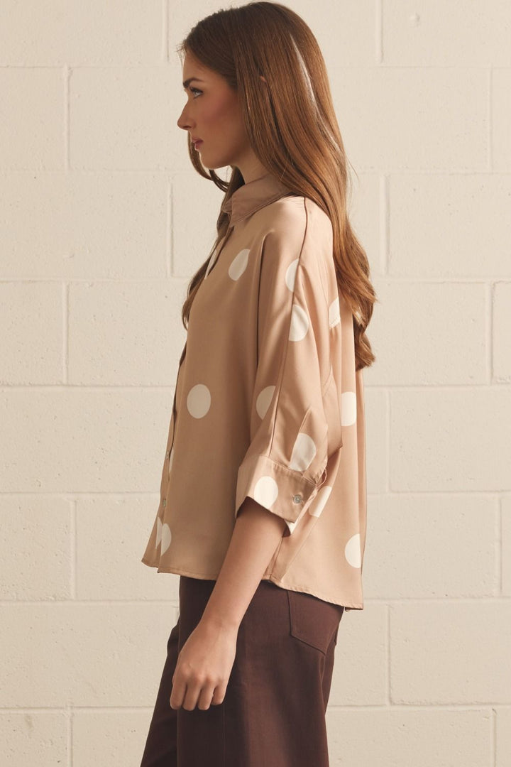Cream Dot Button- Down Top