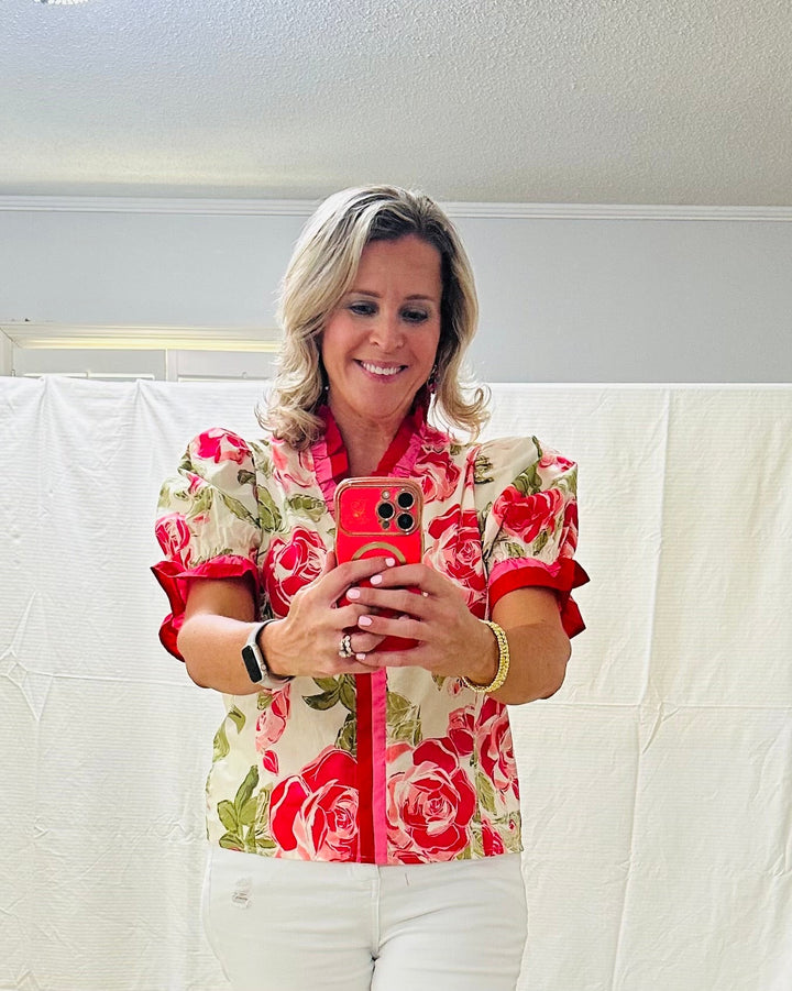 Pink and Red Ruffle Trim Top- Plus Size