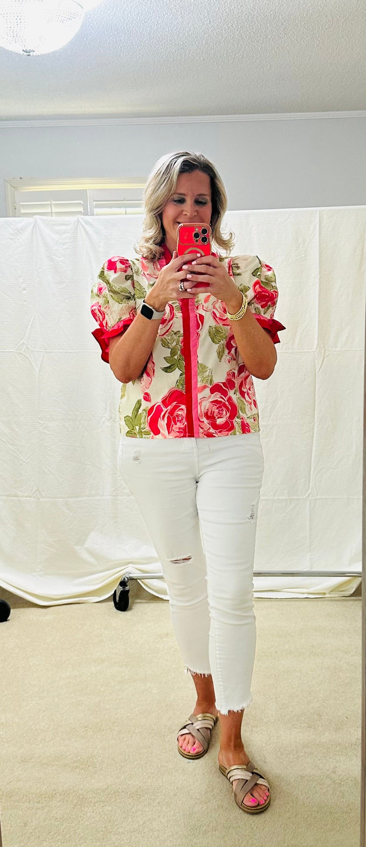 Pink and Red Ruffle Trim Top- Plus Size