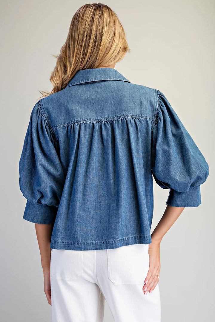 Denim Bubble Sleeve Blouse