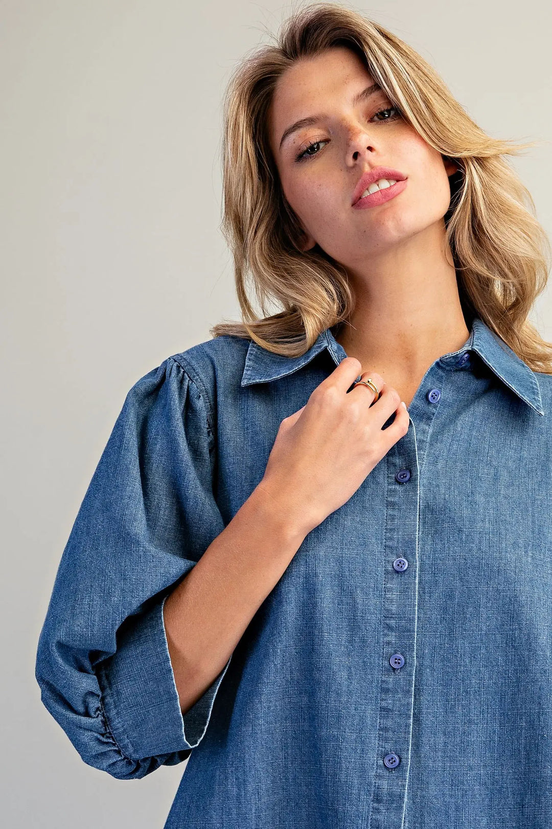 Denim Bubble Sleeve Blouse