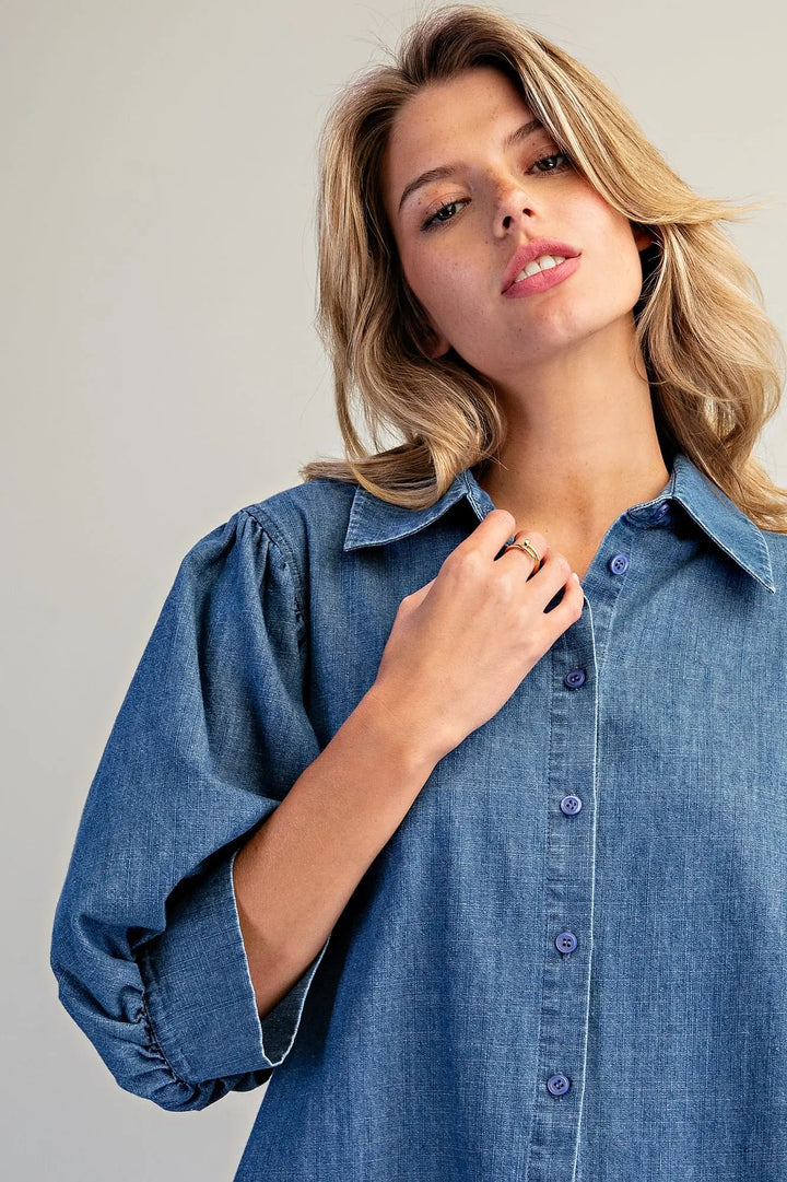 Denim Bubble Sleeve Blouse