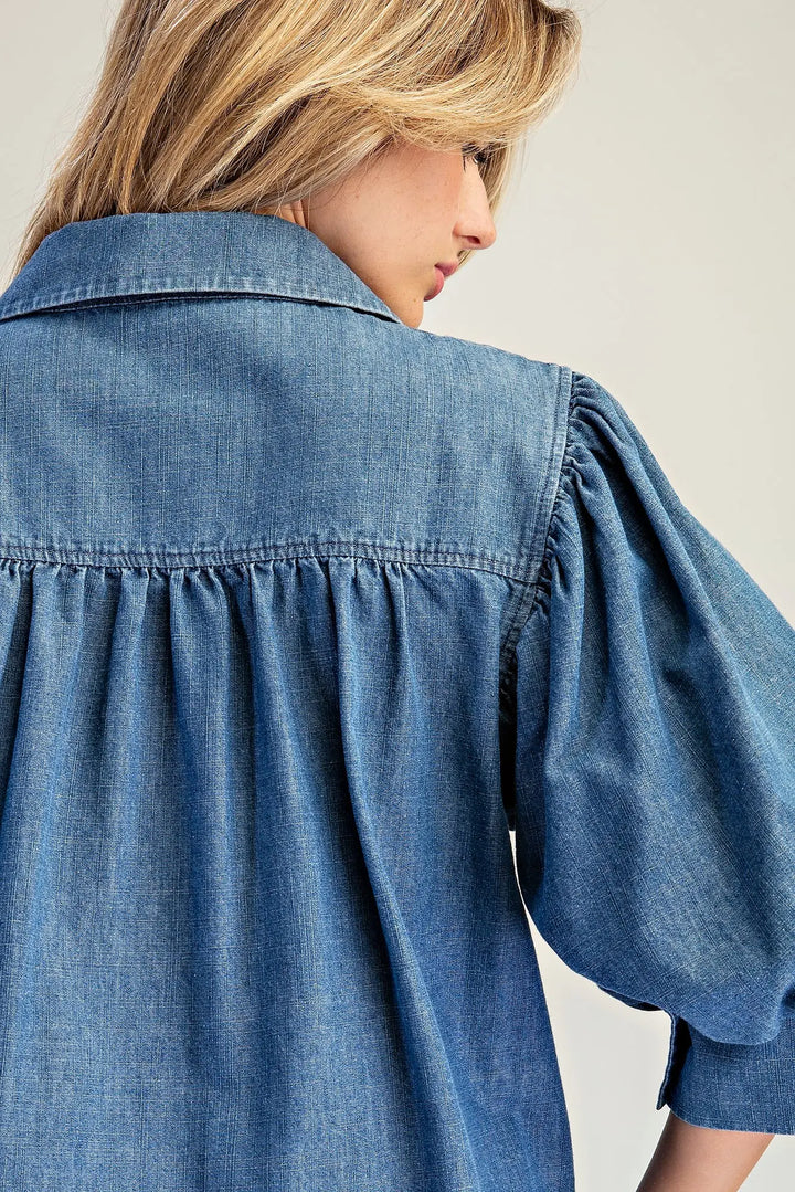 Denim Bubble Sleeve Blouse