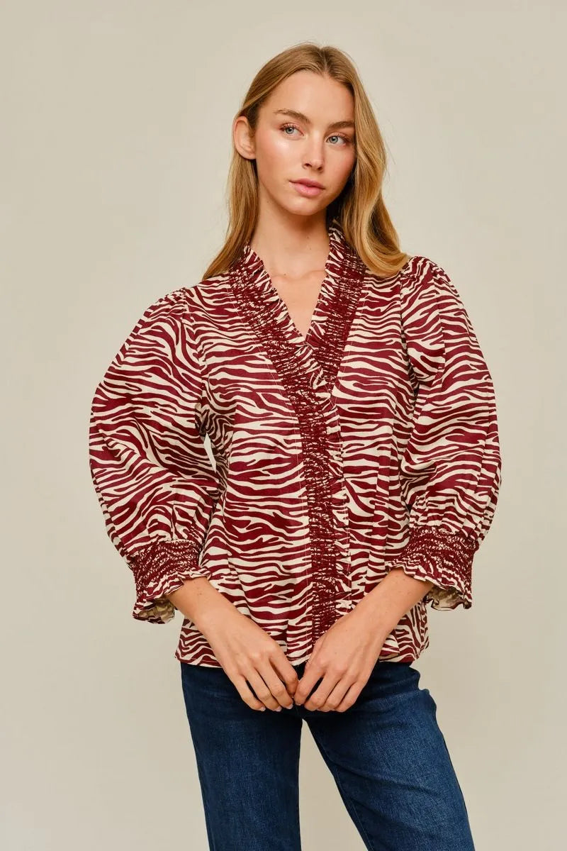 Burgundy Zebra Ruffle Blouse