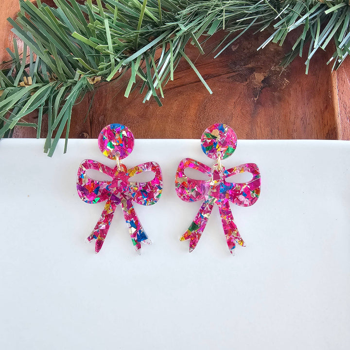 Bow Earrings - Pink Sparkle // Christmas, Holiday