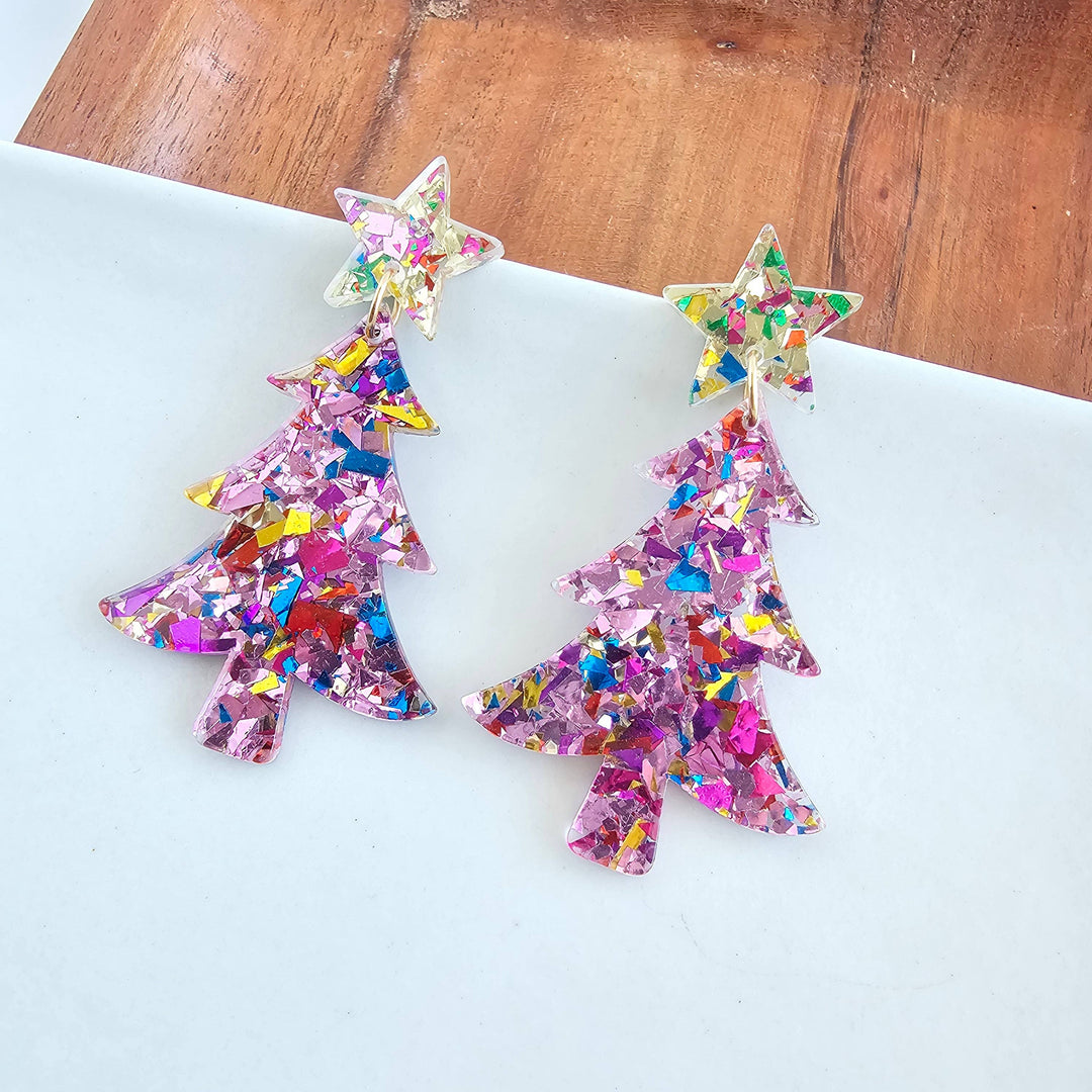 Christmas Tree Earrings - Light Pink Sparkle // Holiday