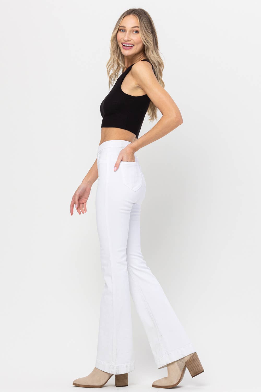 High Rise White Pull On Flares