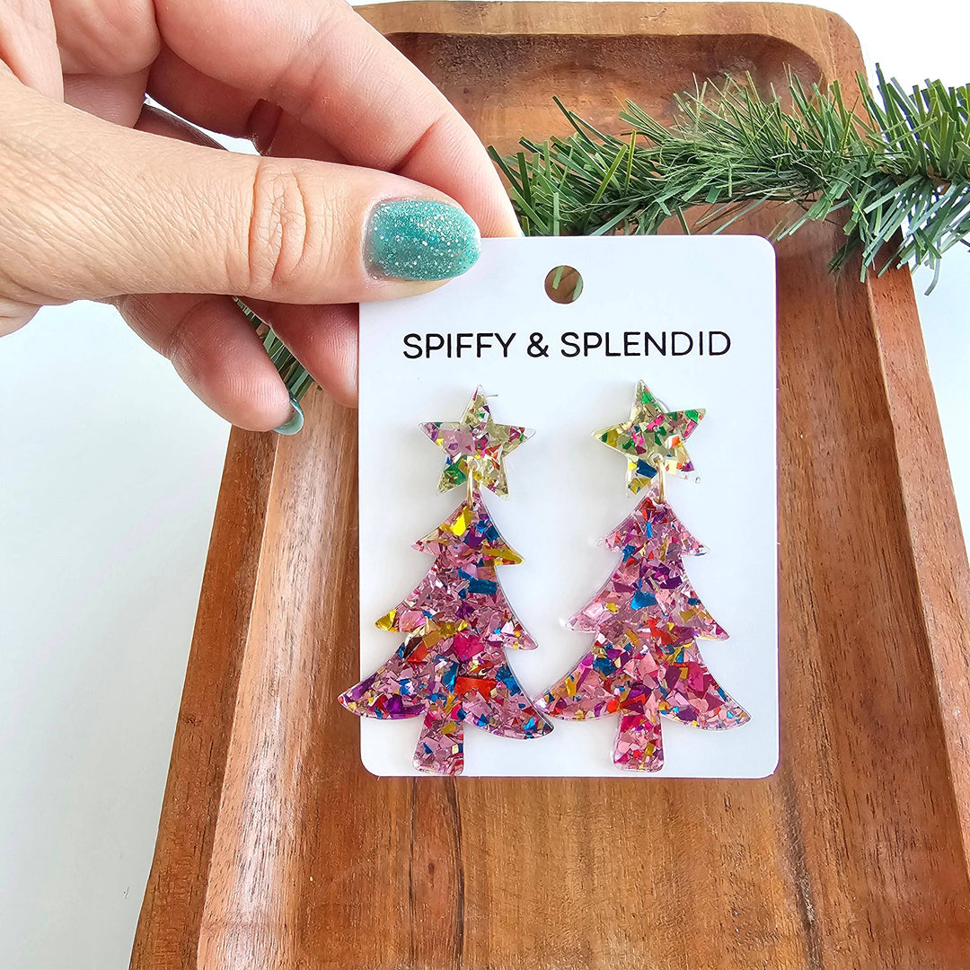 Christmas Tree Earrings - Light Pink Sparkle // Holiday