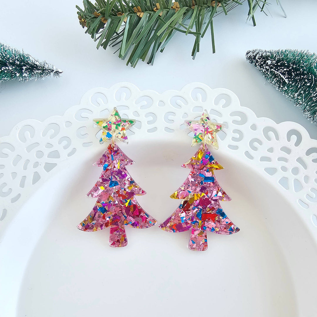 Christmas Tree Earrings - Light Pink Sparkle // Holiday