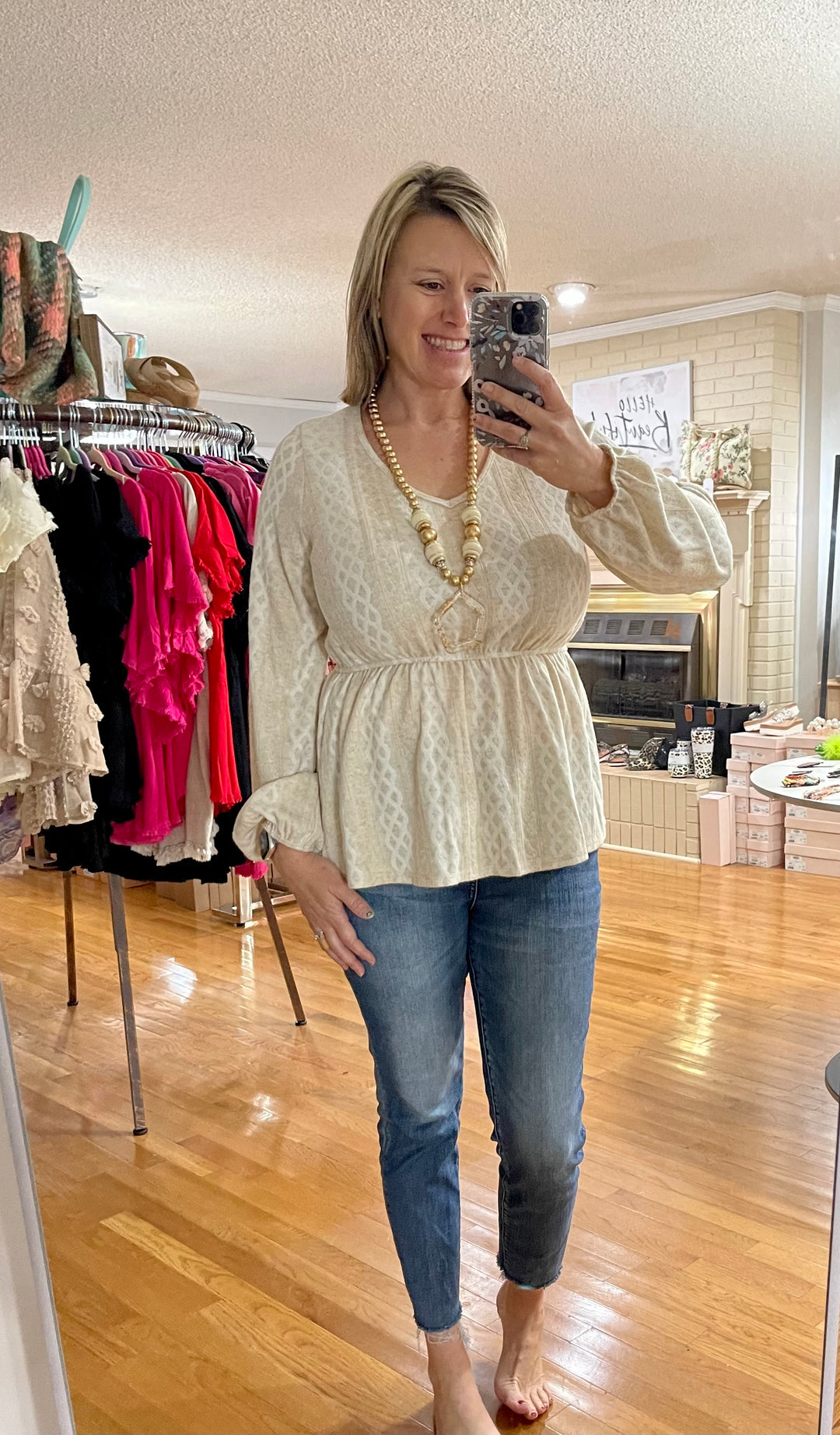 Oatmeal v neck top with elastic waist and bubble sleeves