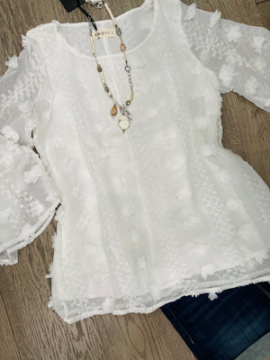 White Flower fabric ruffle top with sheer sleeves