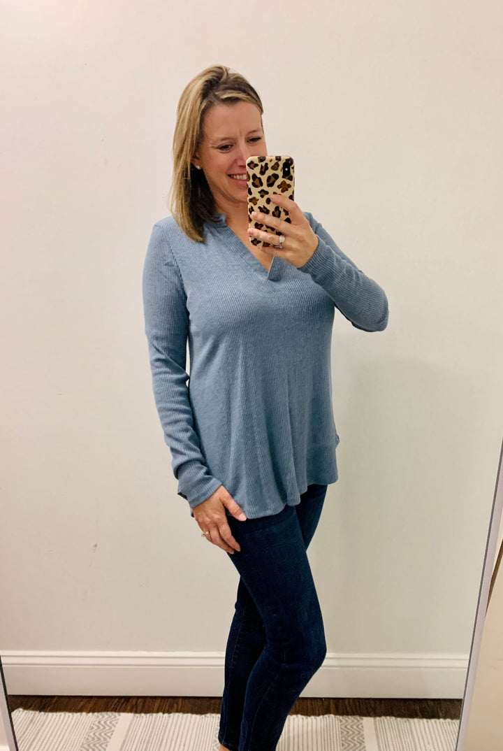 Blue ribbed long sleeve top