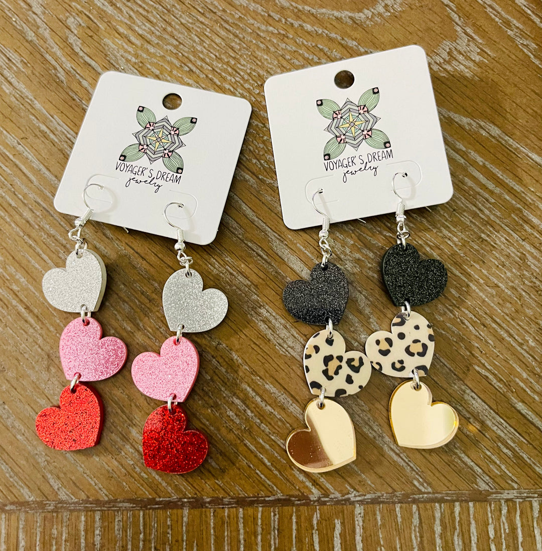 Small Tri Heart Dangle Earrings